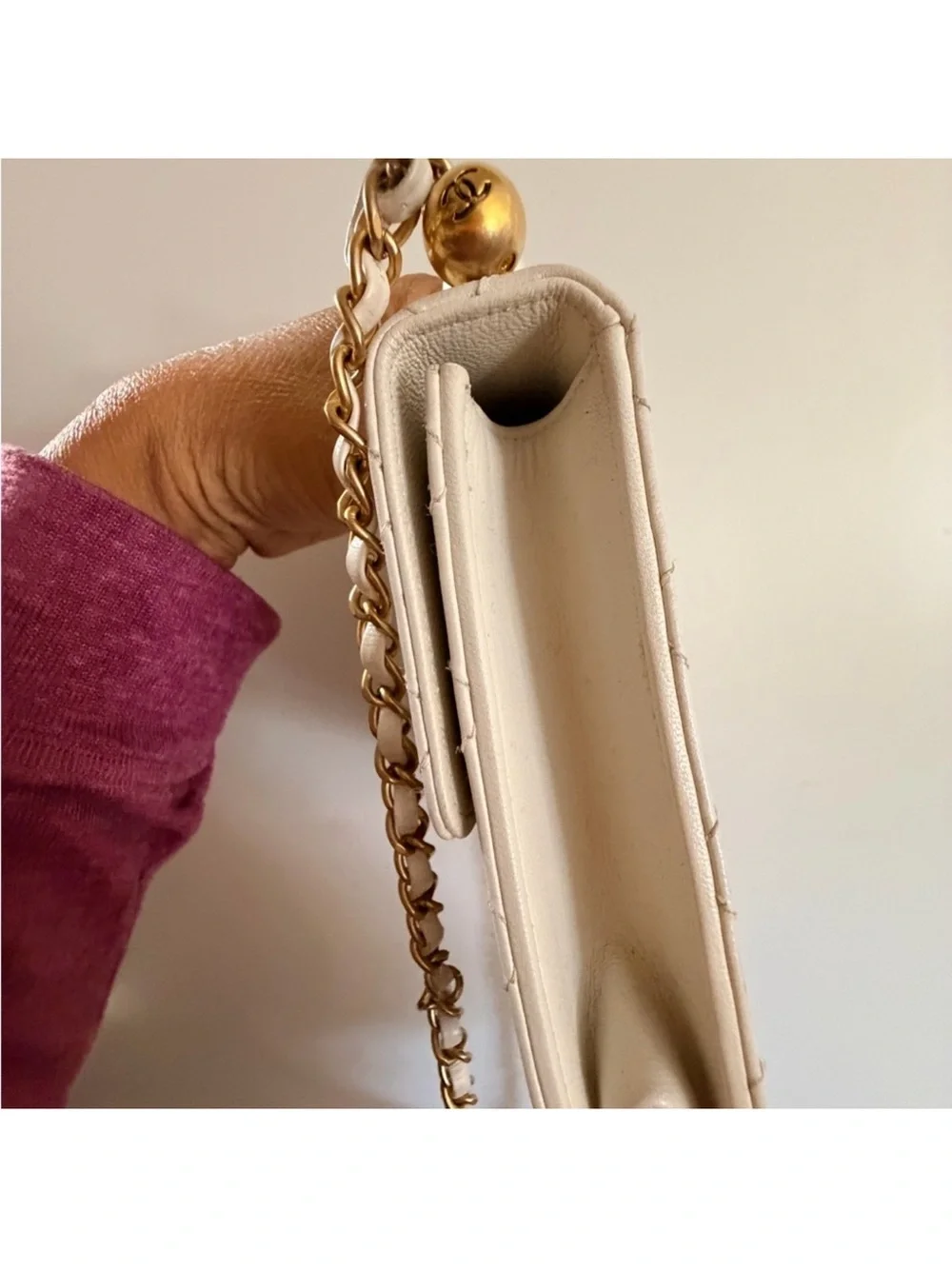 CHANEL White Quilted Leather Crossbody with Gold Chain Accent
